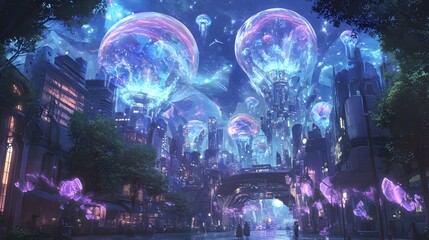 Enchanted jellyfish festival at night futuristic cityscape digital artwork colorful environment wide-angle view surreal concept