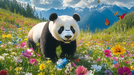 A giant panda in the alpine meadow with colorful flowers © ibrahimazy471
