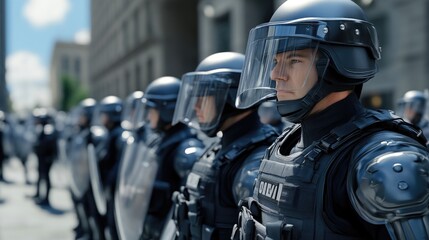 Fototapeta premium Crowd control police facing activist protestors