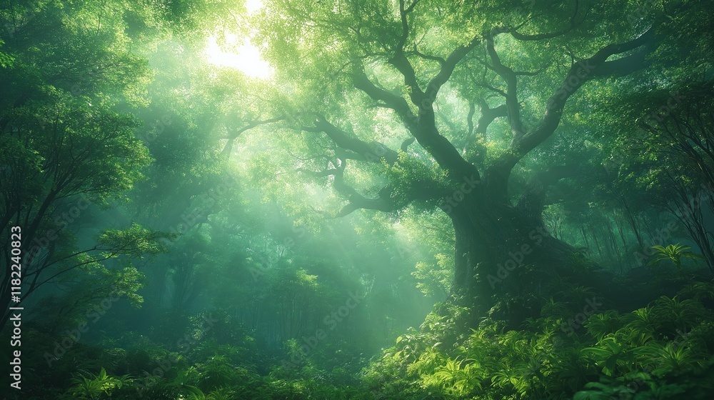 Aufkleber lush green forest with towering ancient tree and sunlight beaming through canopy creating a serene n
