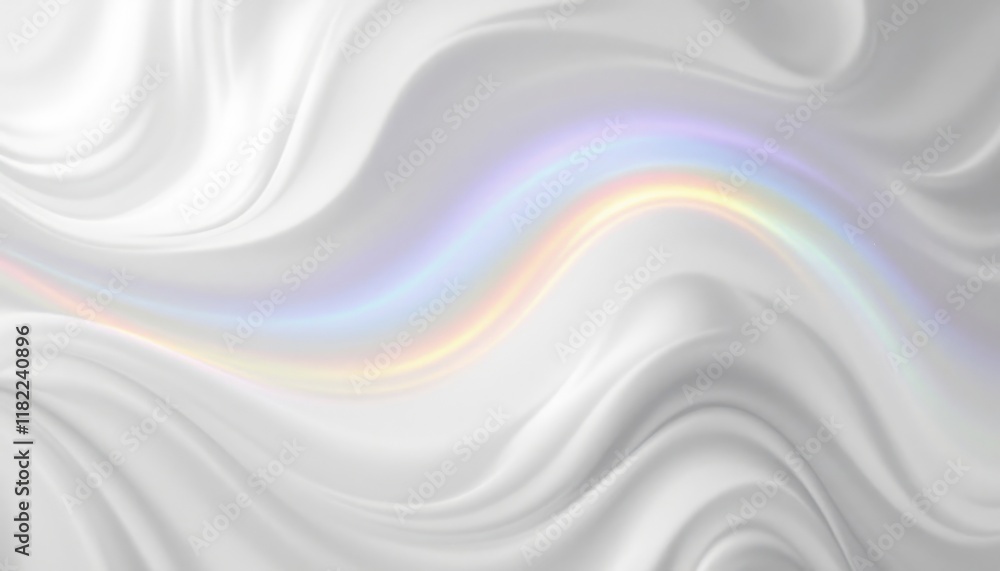 Poster iridescent wave on smooth white fabric surface with soft textures and subtle rainbow
