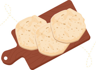 Pita. Freshly baked pita bread on a wooden stand. Food design. Vector illustration