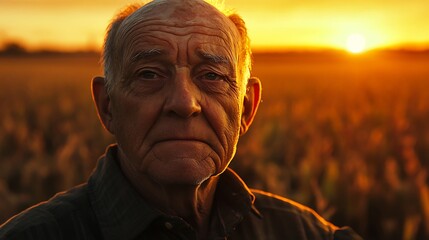 Elderly farmer with reflective expression in soybean field during sunset