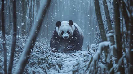 Giant panda in the forest during a snowfall © ibrahimazy471