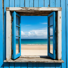Old wooden blue window with the view of the beach