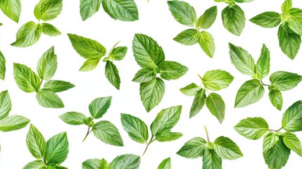 Bright green peppermint leaves arranged in a natural pattern, perfectly isolated on a pure white background, showcasing their textured details.