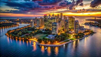 Fototapeta premium Toronto Humber Bay Aerial Night Photography: Stunning Low-Light Cityscape View