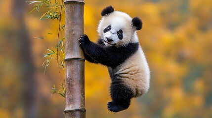 Obraz premium A baby panda is learning to climb a bamboo tree.