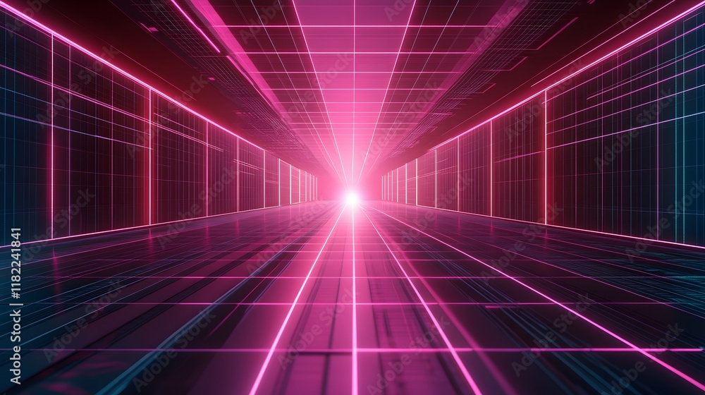 Poster dynamic neon light tunnel futuristic digital space 3d render cyber environment perspective view visu