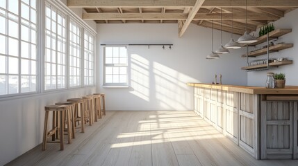 Fototapeta premium Rustic Modern Bar Interior Design: Sunlit Wooden Bar, Wooden Stools, and Large Windows