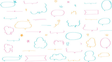 Vector set of colorful sketch underline, emphasis, line shape set. Hand drawn swirl swoosh, love, speech bubble, underline element.