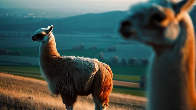 Llamas Grazing in the Golden Sunlight on a Hillside at Dusk With a Stunning Landscape Backdrop