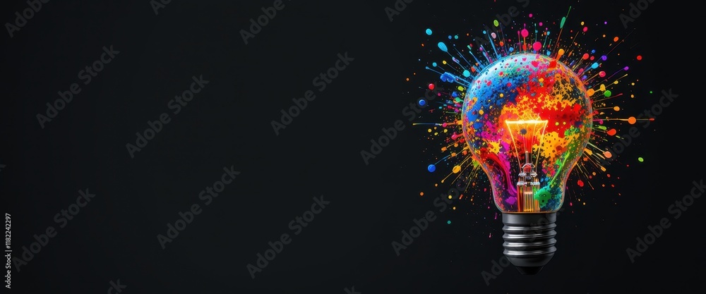 Poster colorful exploding light bulb on black background