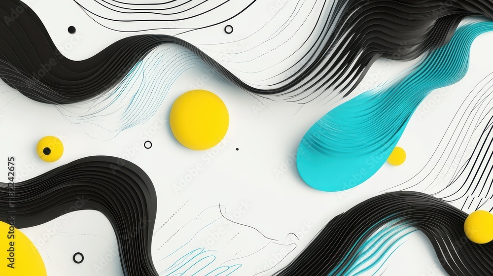 Poster dynamic digital network design featuring black lines and colorful accents in a minimalist style