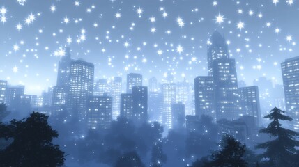 Fototapeta premium Night Cityscape Snowy Winter Illumination Scene