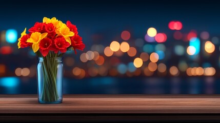 Night Cityscape with Red and Yellow Daffodils