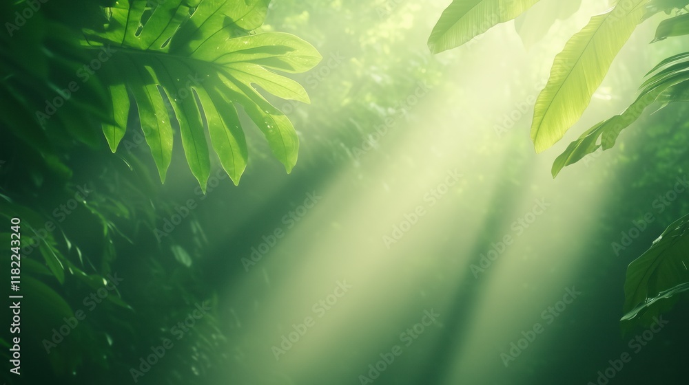 Poster sun rays filtering through lush rainforest canopy with dense foliage illuminated by natural light, p