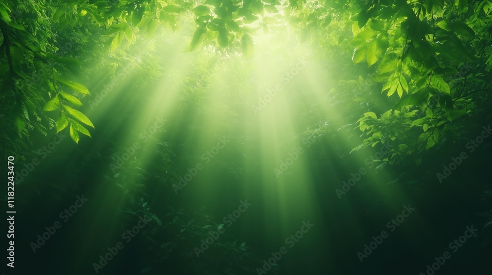 Poster sun rays filtering through lush green rainforest canopy creating enchanting nature scene with dense 