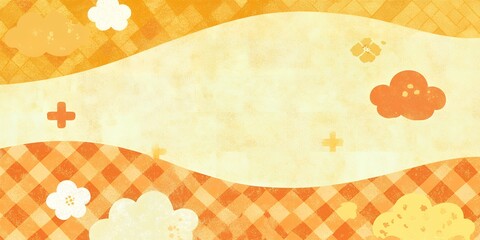 Warm Autumnal Orange Plaid Background with Cute Clouds and Flowers Design