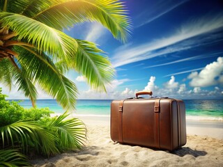 Fototapeta premium Tropical Beach Vacation: Suitcase on Sandy Shore with Ocean View and Palm Trees