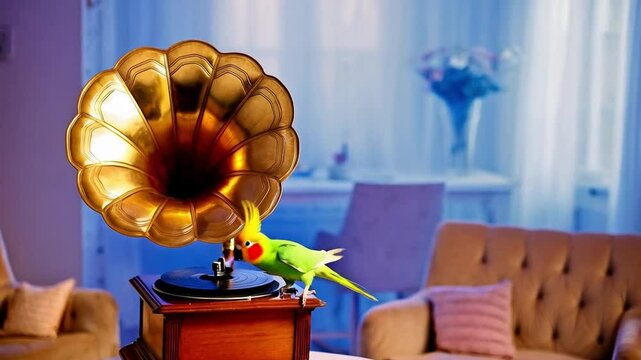 Colorful Parrot Interacts With Vintage Gramophone in a Cozy Living Room Setting