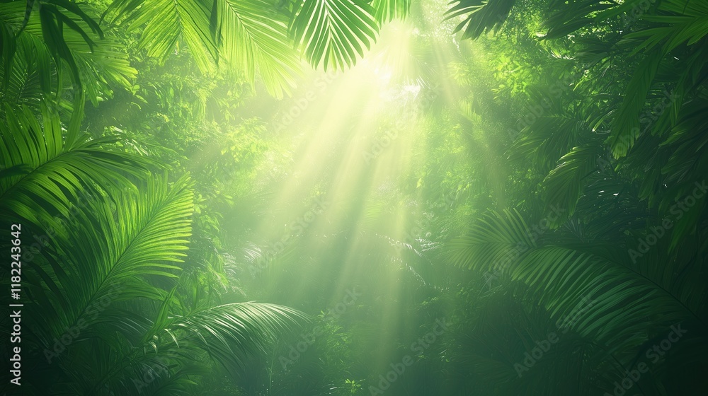 Poster sunlight filtering through dense rainforest canopy creating vivid green lush foliage and mystical at
