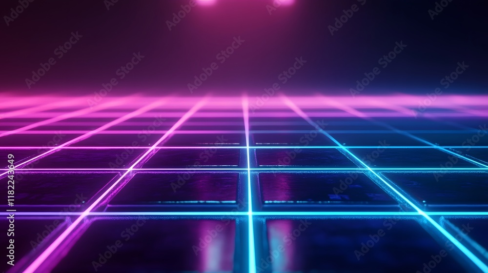 Poster futuristic neon grid scene digital space 3d visualization virtual environment low angle retro concep