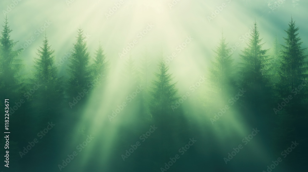 Poster rays of sunlight in spruce forest with bright sunbeams shining through trees creating magical atmosp