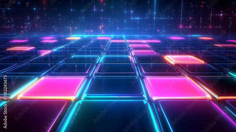 Poster dynamic neon grid animation digital space graphic design futuristic environment aerial view visual e