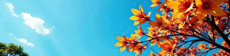 Clear blue sky above a maroon tree with bright yellow flower petals unfurling, garden scenery, blue skies
