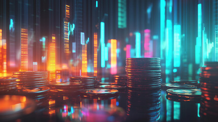 futuristic, abstract concept showing stacks of coins in the foreground with a glowing, upward-trending graph in the background