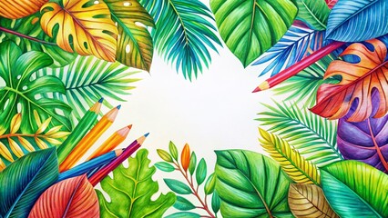 Tropical Leaf Frame Border, Bright Jungle Plants, Hand-Drawn Colored Pencil & Marker Illustration, Copy Space
