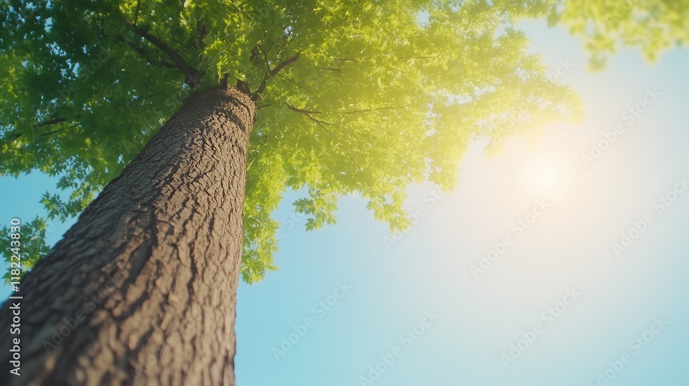 Poster tree trunk and branches from below with sunlight streaming through green leaves in nature on a brigh