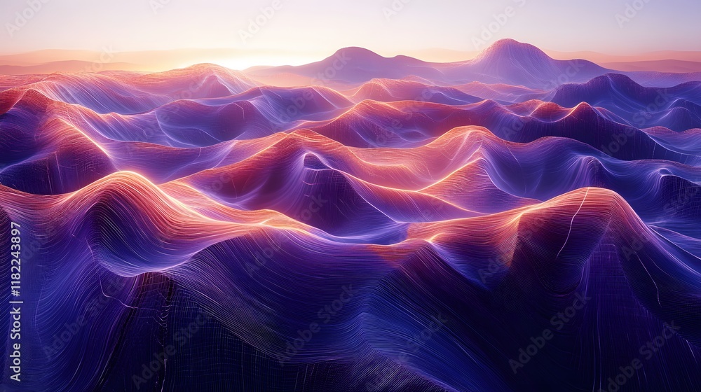 Poster dynamic mountain ranges virtual landscape digital art surreal environment wide-angle view abstract c