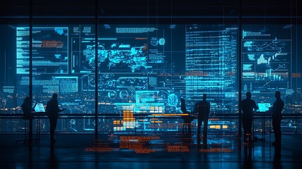 Cityscape night, data analysts, digital window, project review, office