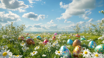  bright, cheerful spring scene featuring a lush green meadow with fresh flowers and colorful Easter eggs scattered across the grass.  