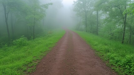 Fototapeta premium Mystical Foggy Forest Path with Lush Greenery and Mysterious Atmosphere Captured in Early Morning Light
