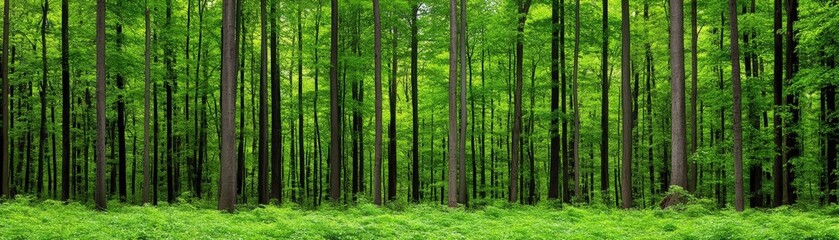 Obraz premium Green Forest Canopy: Lush green forest with tall trees, vibrant foliage, and a carpet of moss creating a serene and tranquil atmosphere. A breathtaking view of nature's vibrant beauty. 