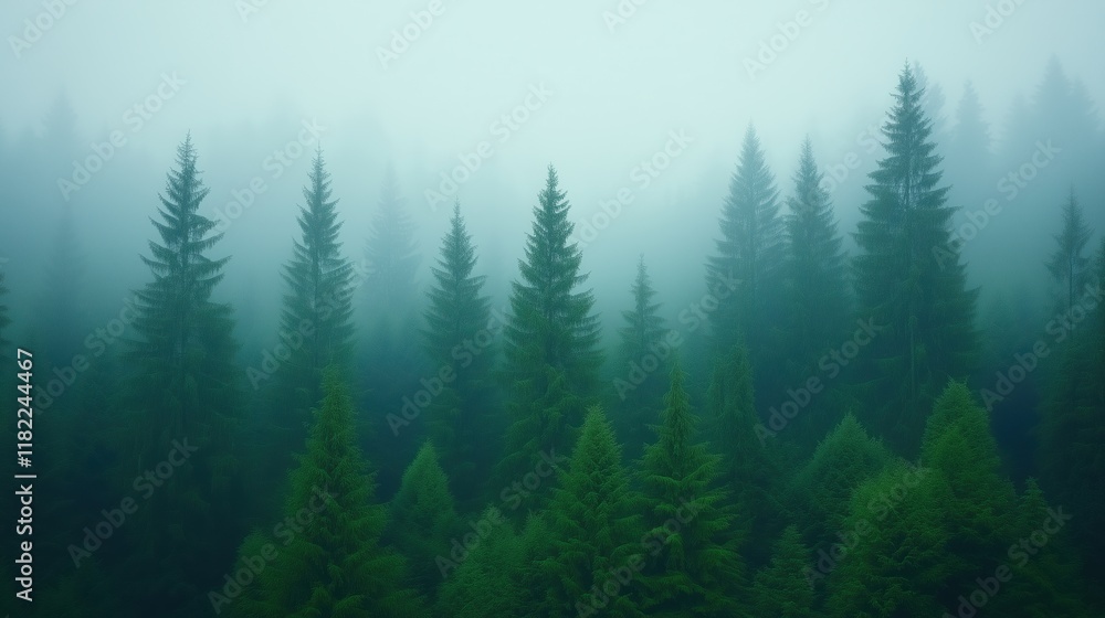 Poster mystical dark forest with dense fog and tall trees creating a spooky and enchanting atmosphere perfe
