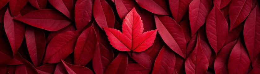 Crimson Contrast: A single vibrant red leaf stands out amongst a bed of deep burgundy leaves, creating a striking visual contrast of color and texture.