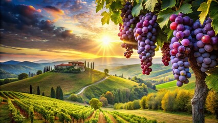 Tuscan Sangiovese Vineyard Double Exposure: Sun-drenched Grapes & Rolling Hills