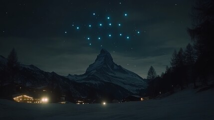 Night Sky Constellation Above Snowy Mountain Village