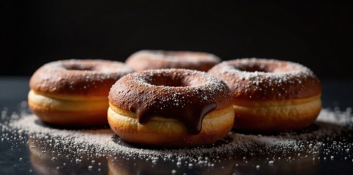 donas glaseadas en un fondo oscuro con chispas, comida delicia, donas glaseadas de chocolate