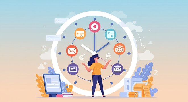 Person Managing Multiple Tasks in Front of a Large Clock - Time Management and Productivity Concept.