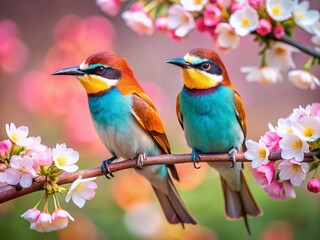 Obraz premium Two Birds Perched on a Branch, Springtime Nature Photography