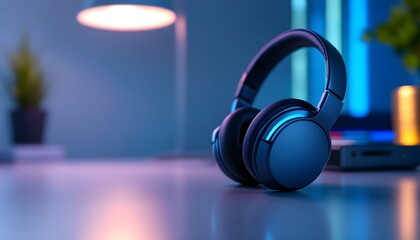 Auriculares inalámbricos modernos sobre escritorio minimalista con iluminación futurista para marca de electrónica de alta gama