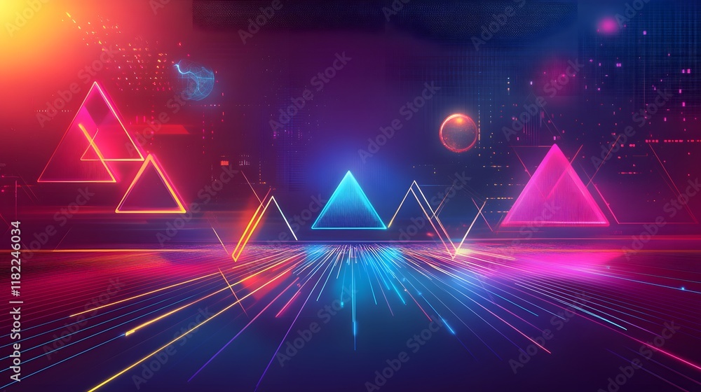 Poster dynamic neon geometric shapes digital space abstract visuals futuristic environment vibrant color pa