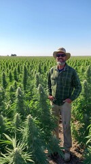 A dedicated farmer stands proudly among lush, flowering plants, basking in the warmth of a sunny day. The expansive field stretches into the distance, creating a picturesque rural landscape