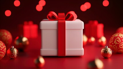 Obraz premium Festive Gift Box with Red Background and Ornaments