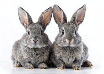 Obraz premium Two Grey Rabbits Isolated on White Background - Night Photography